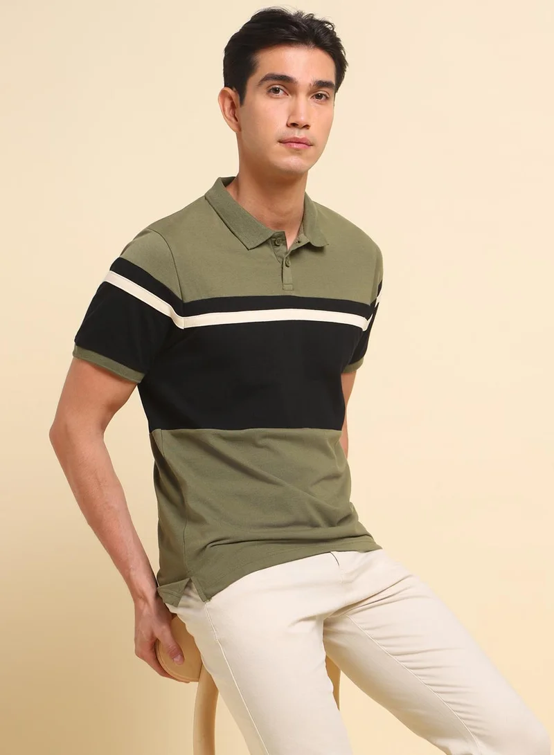 Dennis Lingo Olive Colourblocked Regular Fit Polo Neck T-shirt for Men - 100% Cotton, Half Sleeves, Casual