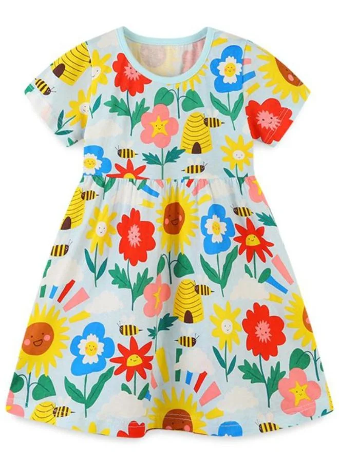 YUNIQEE Blue A-Line Crew Neck Printed Dress
