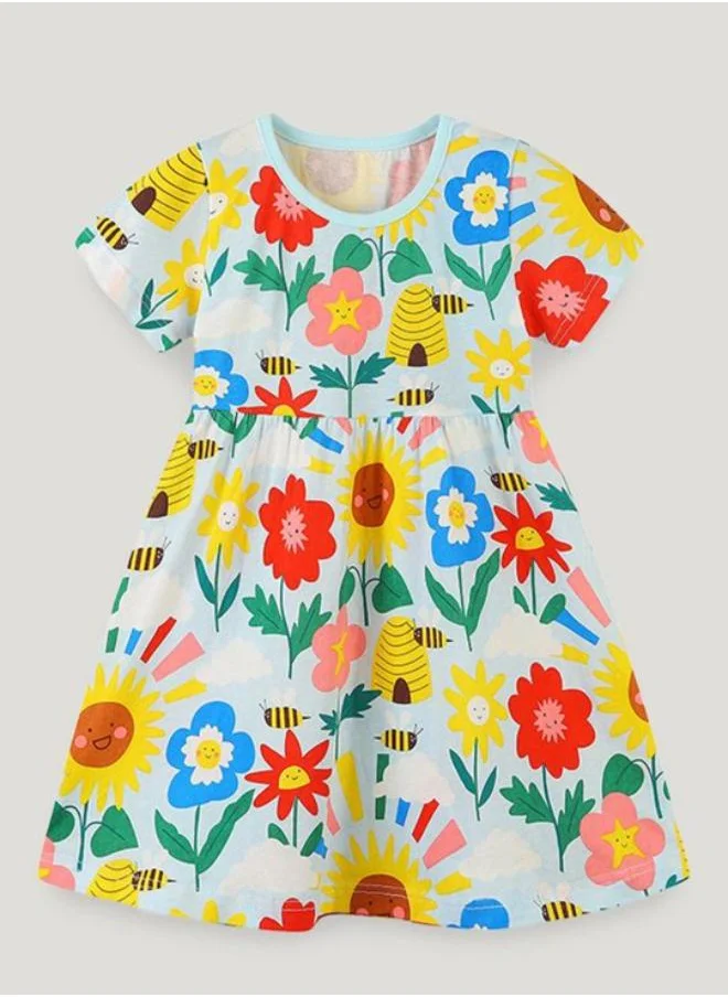 YUNIQEE Blue A-Line Crew Neck Printed Dress