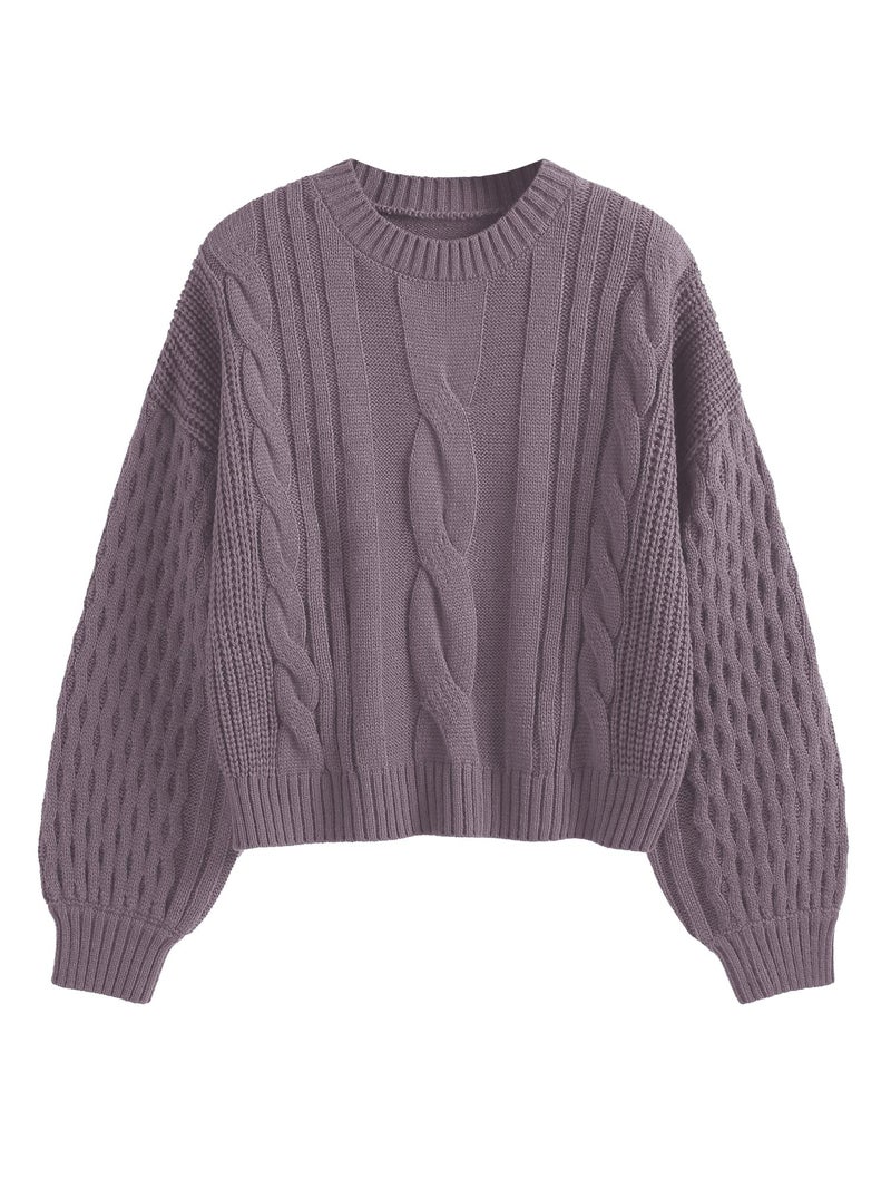 ZAFUL Women's Solid Knit Cable Sweater Casual Long Lantern Sleeve Pullover Crew Neck Knitted Tops - Image 1