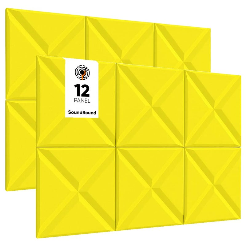 SoundRound Sonic Geometrics Acoustic Foam Panels – 12 Pack - 12 X 12 Inches – Premium Soundproof Wedge Design for Studio Recording, Echo Reduction & Noise Control (Yellow, 1 Inche)