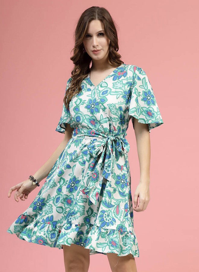 PlusS Floral Printed V-Neck Fit & Flare Dress for Women - Image 1
