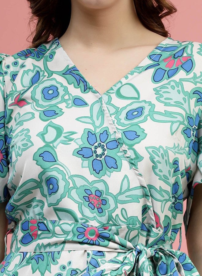 PlusS Floral Printed V-Neck Fit & Flare Dress for Women - Image 2