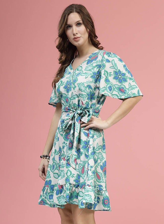 PlusS Floral Printed V-Neck Fit & Flare Dress for Women - Image 4