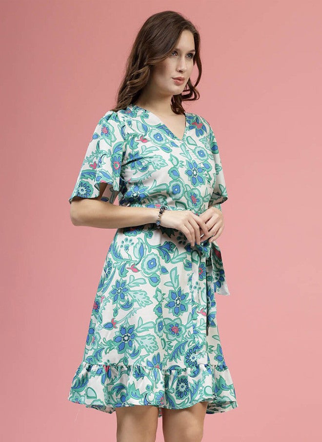 PlusS Floral Printed V-Neck Fit & Flare Dress for Women - Image 3