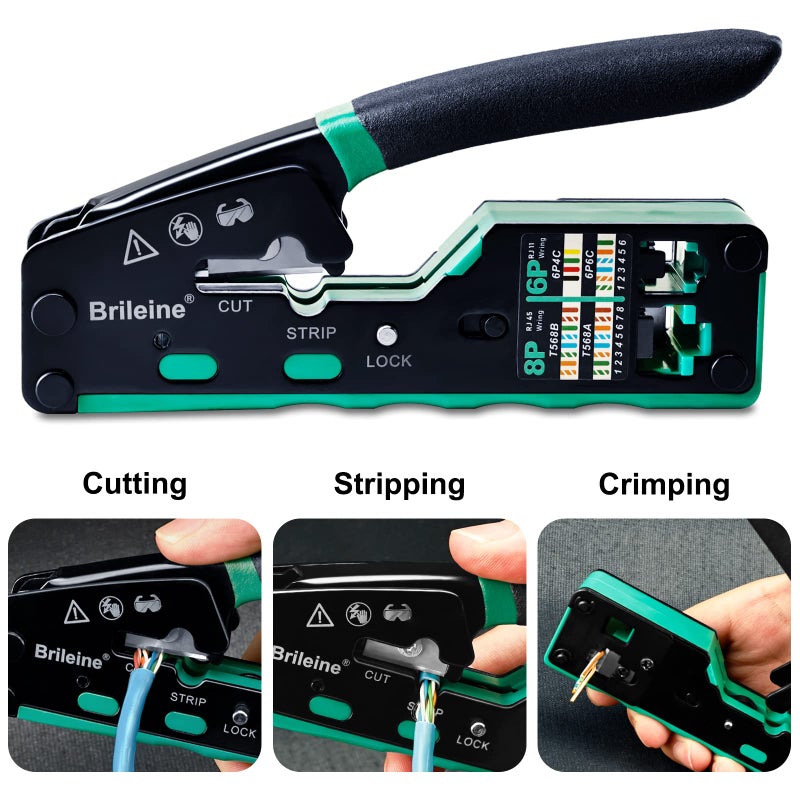 Brileine RJ45 Crimp Tool Pass Through Kit Ethernet Crimper Cat5 Cat5e Cat6 Crimping Tool for RJ11/12 6P/8P with Network Lan Cable Tester, 50PCS CAT6 Connectors, 50PCS Boots, Mini Cable Stripper - Image 2