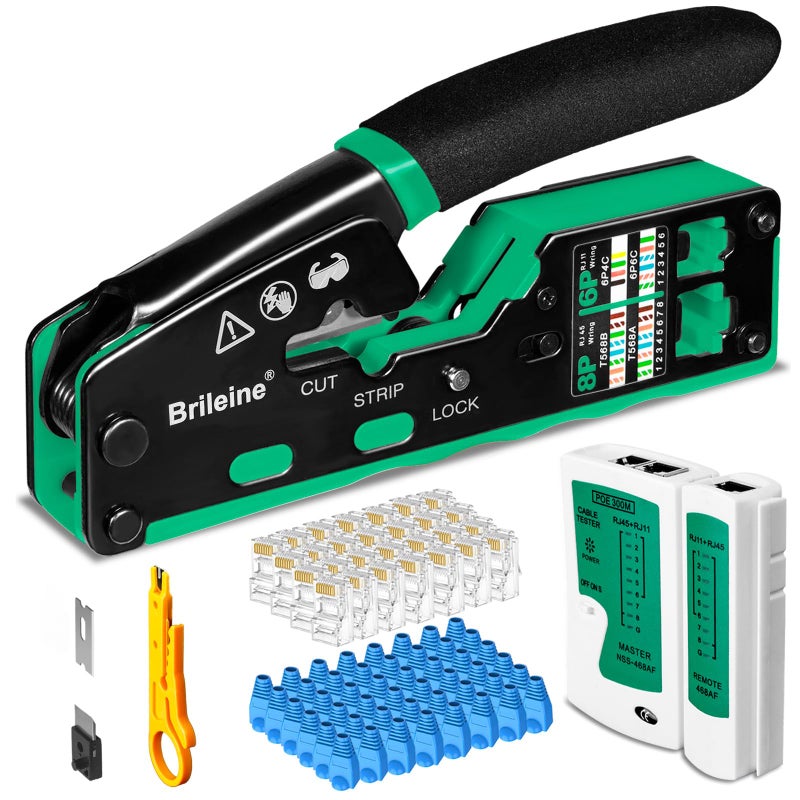 Brileine RJ45 Crimp Tool Pass Through Kit Ethernet Crimper Cat5 Cat5e Cat6 Crimping Tool for RJ11/12 6P/8P with Network Lan Cable Tester, 50PCS CAT6 Connectors, 50PCS Boots, Mini Cable Stripper - Image 1