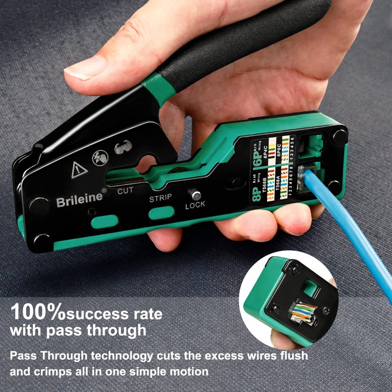Brileine RJ45 Crimp Tool Pass Through Kit Ethernet Crimper Cat5 Cat5e Cat6 Crimping Tool for RJ11/12 6P/8P with Network Lan Cable Tester, 50PCS CAT6 Connectors, 50PCS Boots, Mini Cable Stripper - Image 4