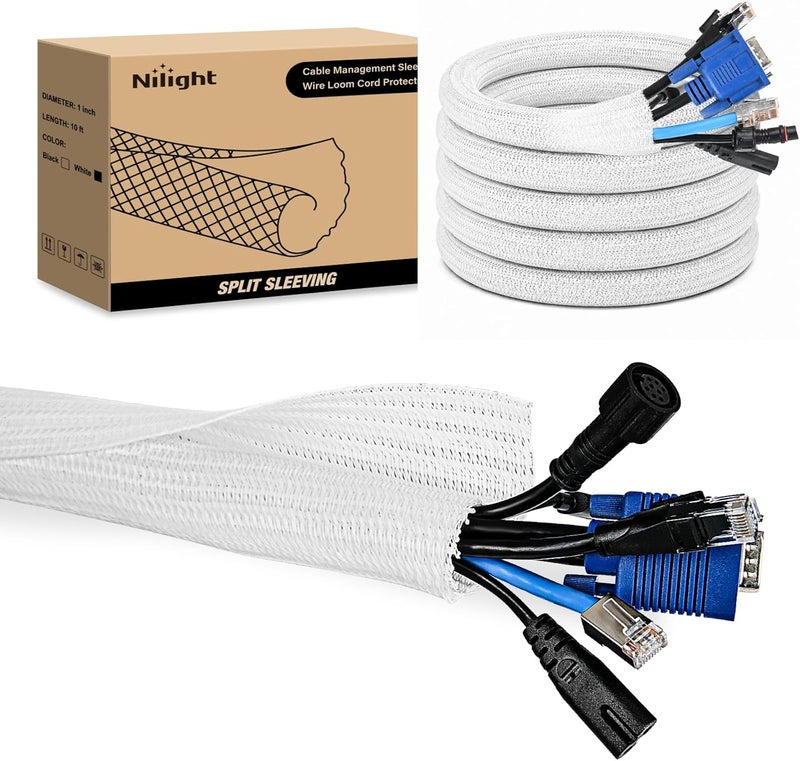 Nilight Cable Sleeve, 10ft-1inch Cable Management Sleeves, Braided Cable Sleeving, Split Self Wrapping Wire Loom for Computer Cable Electrical Wire Automotive Harness Protector Organizer, White - Image 1
