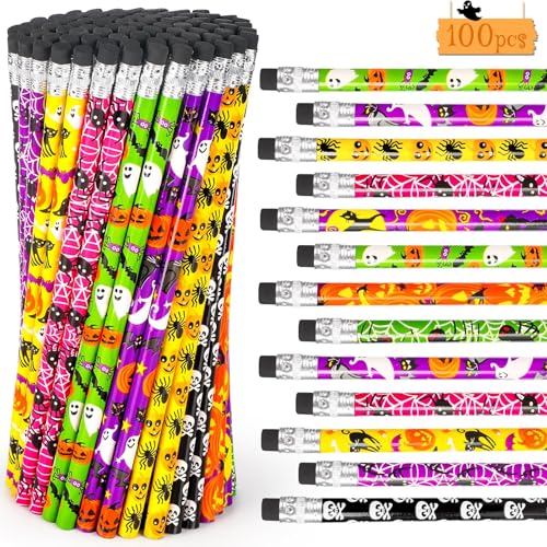 HINZER 100PCS Halloween Pencils for Kids Toddlers halloween Party Favors Colored Pencil with Eraser Assorted Pattern Pens Halloween School Stduents Gifts Classroom Prizes Trick or Treat Goodies Bags Filler - Image 1