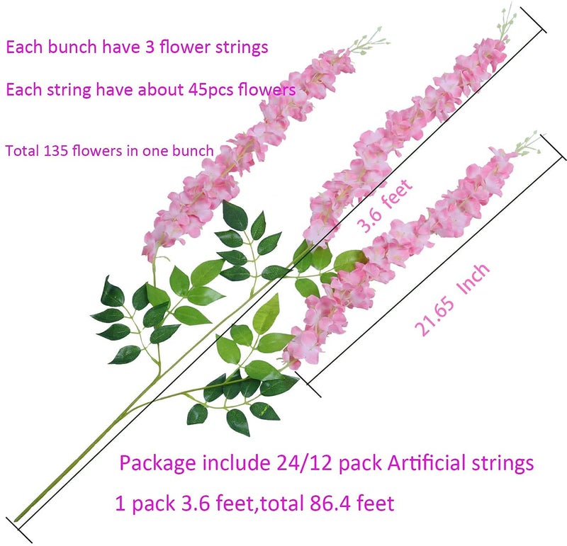 Bianco 12 Pack 3.6 Feet Artificial Fake Wisteria Vine Ratta Hanging Garland Silk Flowers String Home Party Wedding Decor (12, Pink) - Image 3