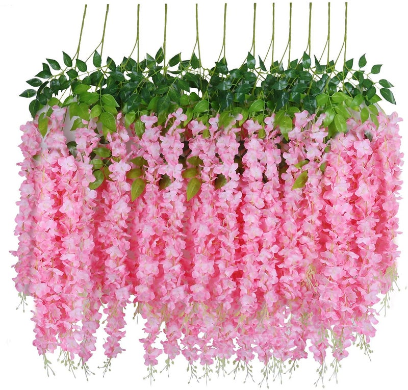 Bianco 12 Pack 3.6 Feet Artificial Fake Wisteria Vine Ratta Hanging Garland Silk Flowers String Home Party Wedding Decor (12, Pink) - Image 1
