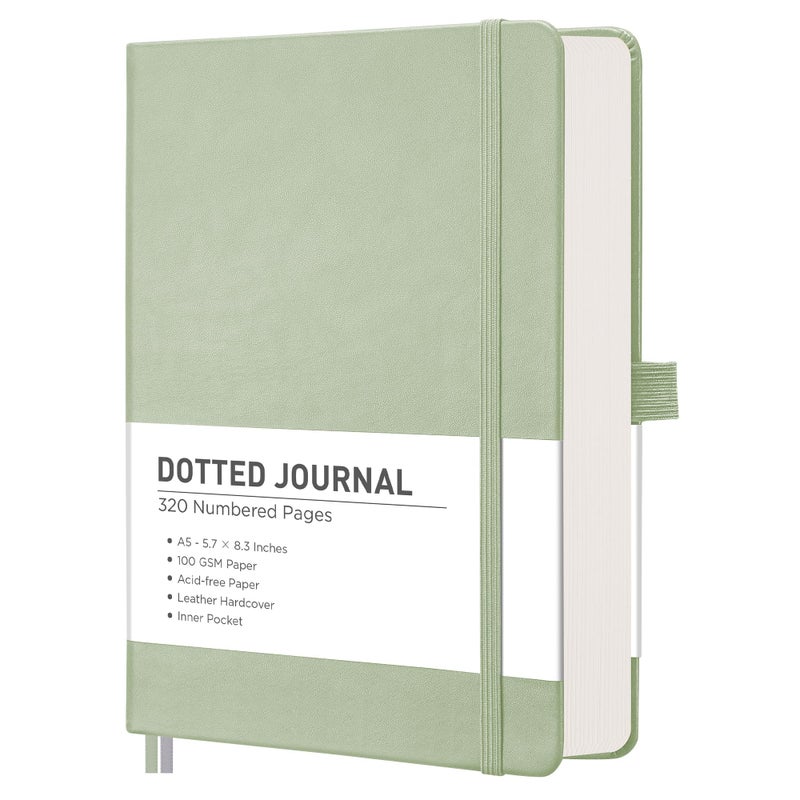 RETTACY Bullet Dotted Journal Notebook, 320 Numbered Pages, A5 Medium Size (5.7'' × 8.3''), Leather Hardcover, 100 GSM Thick Paper, for Bullet Journaling, Planning, Tracking (Light Green) - Image 1