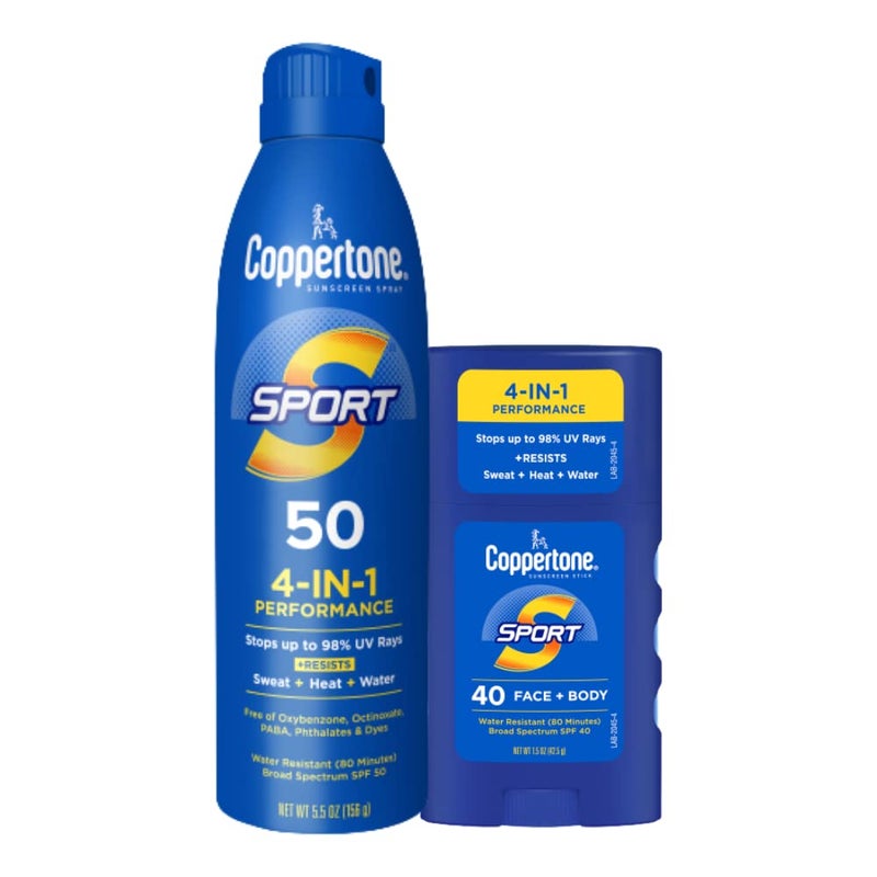 Beiersdorf Coppertone Sport Sunscreen Spray, Broad Spectrum SPF 50 Water Resistant Spray Sunscreen, 5.5 Oz and Coppertone Sport Sunscreen Stick, SPF 40, 1.5 Oz - Image 1