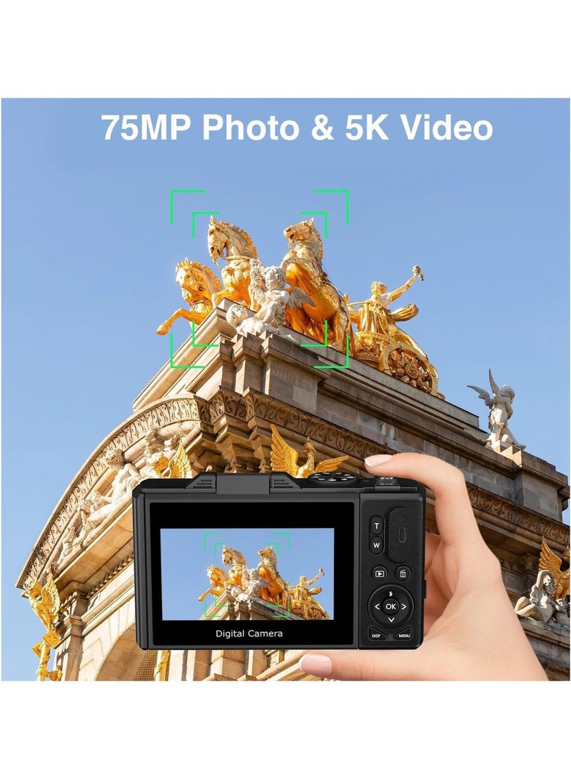 Makrystorm Digital Camera, 5K Point and Shoot Digital Cameras with 128GB SD Card, 75MP Digital Camera for Photography and Video, Vlogging Camera with 3'' Flip Screen, 18X Digital Zoom Cameras Digital for Kids Boys Girls - Image 2
