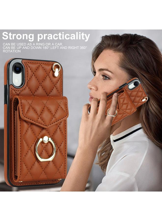 S-TOP Case For iPhone XR Rhombic Texture Card Bag Phone Case with Long Lanyard - Image 2