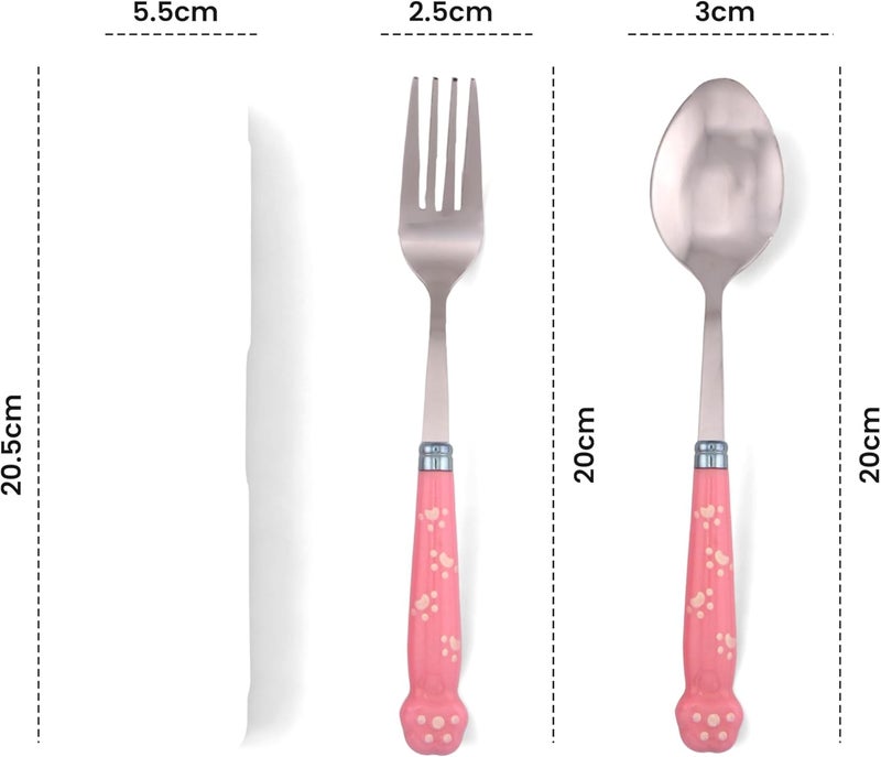 BrainGiggles Kids Cutlery Set with Case |Round Edge Stainless Steel Kids Cutlery BPA Free Handles| Spoon & Fork Cutlery Set for Lunch Box|Paw Engraved Children Tableware with Portable Case (Pink) - Image 4