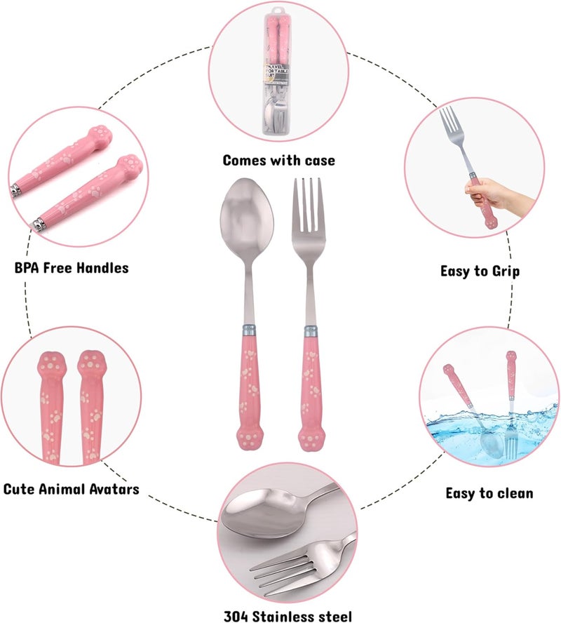 BrainGiggles Kids Cutlery Set with Case |Round Edge Stainless Steel Kids Cutlery BPA Free Handles| Spoon & Fork Cutlery Set for Lunch Box|Paw Engraved Children Tableware with Portable Case (Pink) - Image 3