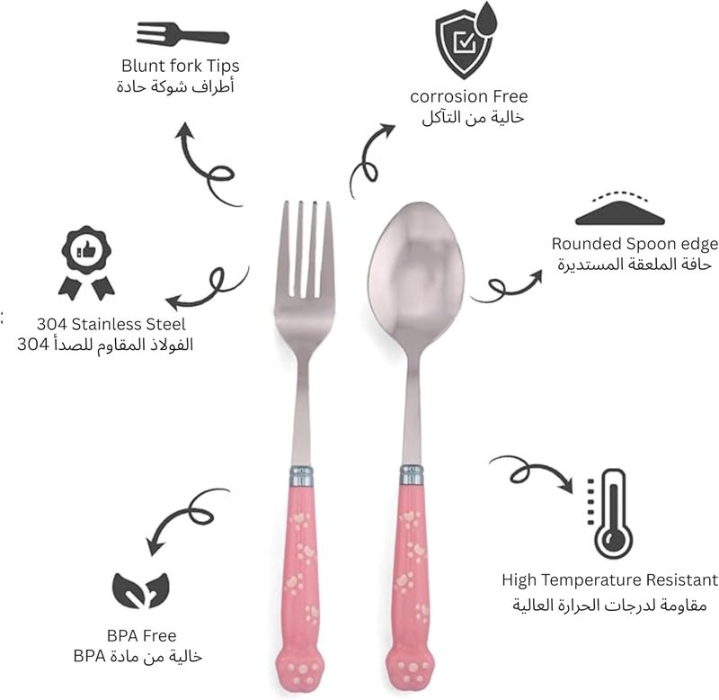 BrainGiggles Kids Cutlery Set with Case |Round Edge Stainless Steel Kids Cutlery BPA Free Handles| Spoon & Fork Cutlery Set for Lunch Box|Paw Engraved Children Tableware with Portable Case (Pink) - Image 2
