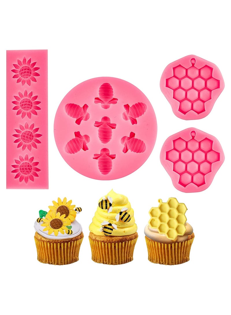 SYOSI 4 Pieces Silicone Mold Bumble Bee Chocolate Sugarcraft Baking Tool DIY Cake Silicone Mold Honeycomb Sunflower and Bee Fondant Molds for Cupcake Cake Decorating Sugar - Image 1