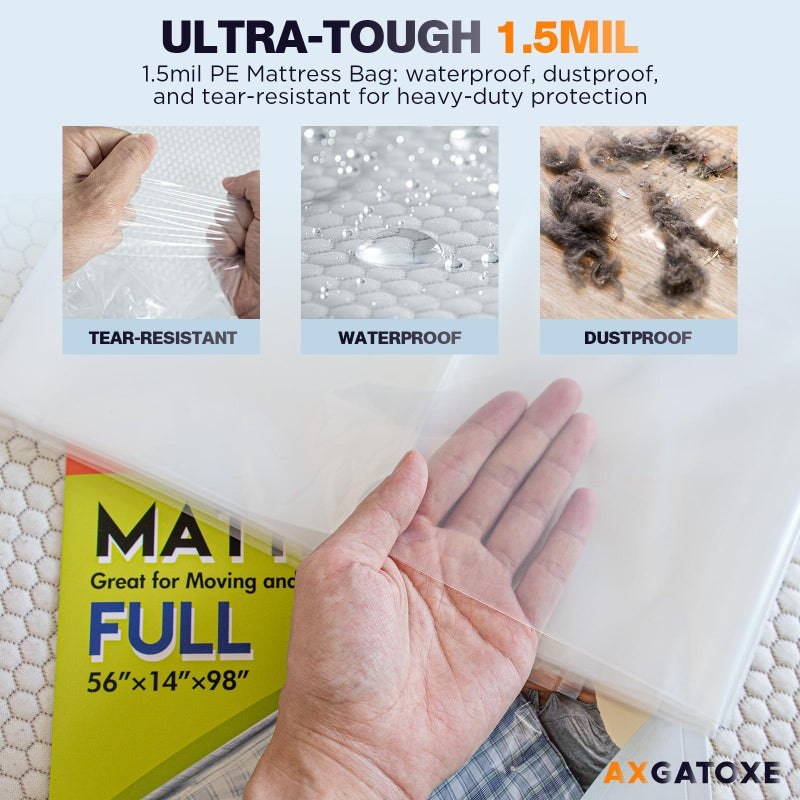 Axgatoxe Plastic Mattress Bag for Moving Storage, Waterproof Mattress Cover, Mattress Protector for Moving Supplies - Full Size (1.5MIL) - Image 3