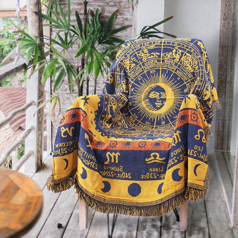 JIABOLANG Boho Throw Blankets Woven Reversible Cotton Bohemian Tapestry Hippie Room Decor Witchy Astrology Zodiac Celestial Constellation Carpet Bed Recliner Chair Couch Sofa Cover Double Sided 50""x70"" - Image 1