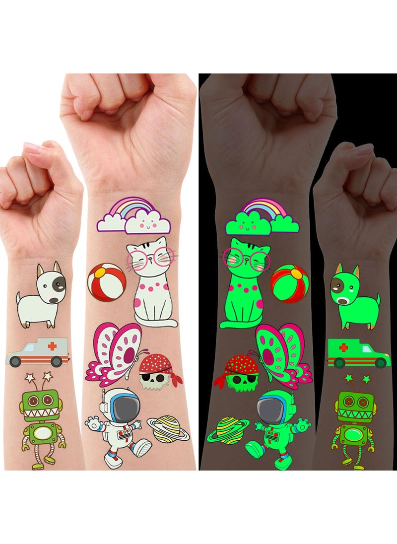 Airnogo Tattoos for Kids 400 Styles (30 Sheets) Glow in the Dark Kids Tattoos Temporary, Mixed Cute Tattoo with Animal Unicorn Mermaid Space Dinosaur Butterfly Car Dog Cat etc, Glow in the Dark Party Supplies 