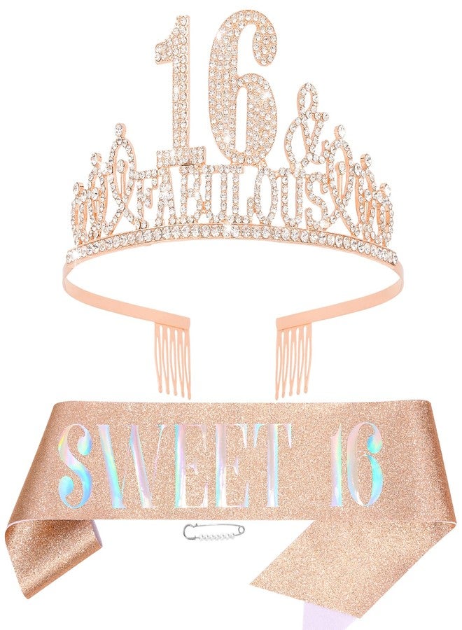هابدو زينة عيد الميلاد السادس عشر للبنات من هابدو باللون الذهبي الوردي - مجموعة زينة عيد ميلاد الفتاة السادس عشر - تاج ووشاح كهدية - Image 1