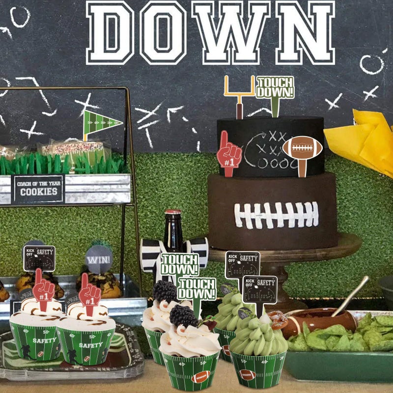 Hxezoc 48 Pack Football Cupcake Toppers and Wrappers, Rugby Touchdown Cake Decoration for Football Theme Birthday Party Sports Game Day Party Supplies - Image 3