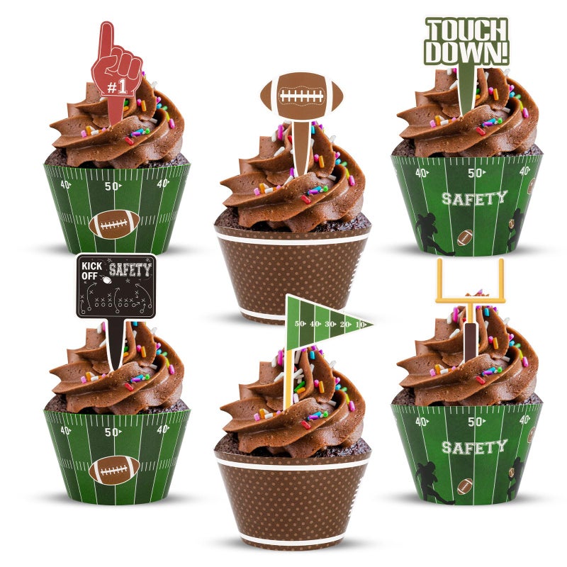 Hxezoc 48 Pack Football Cupcake Toppers and Wrappers, Rugby Touchdown Cake Decoration for Football Theme Birthday Party Sports Game Day Party Supplies - Image 1
