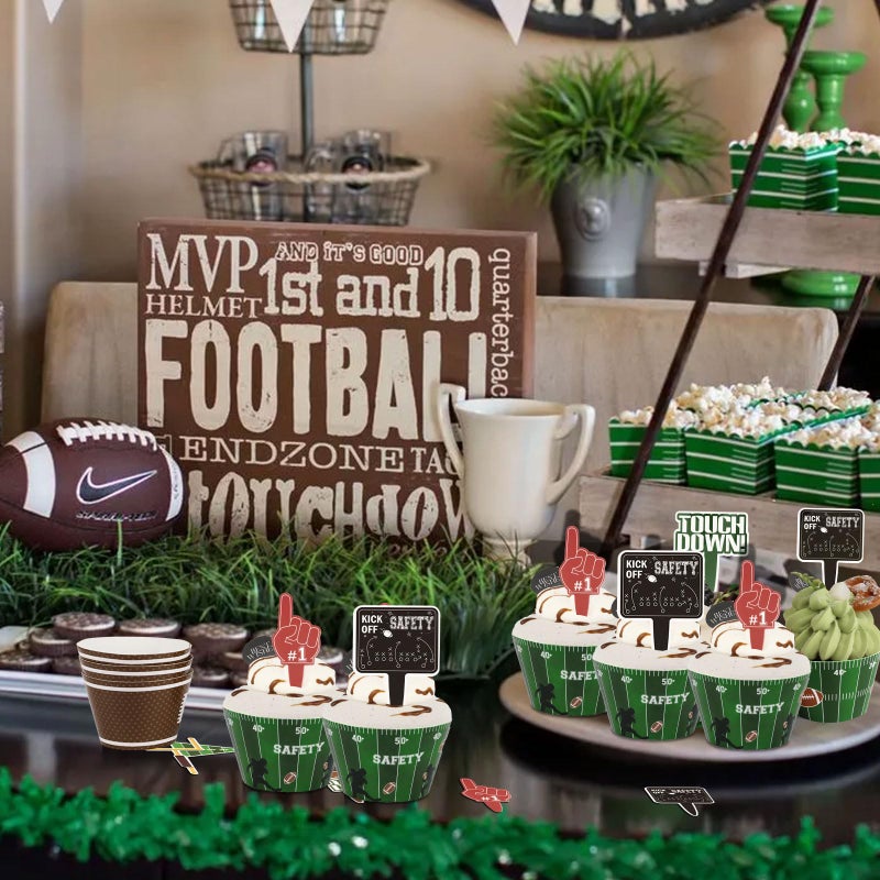 Hxezoc 48 Pack Football Cupcake Toppers and Wrappers, Rugby Touchdown Cake Decoration for Football Theme Birthday Party Sports Game Day Party Supplies - Image 4