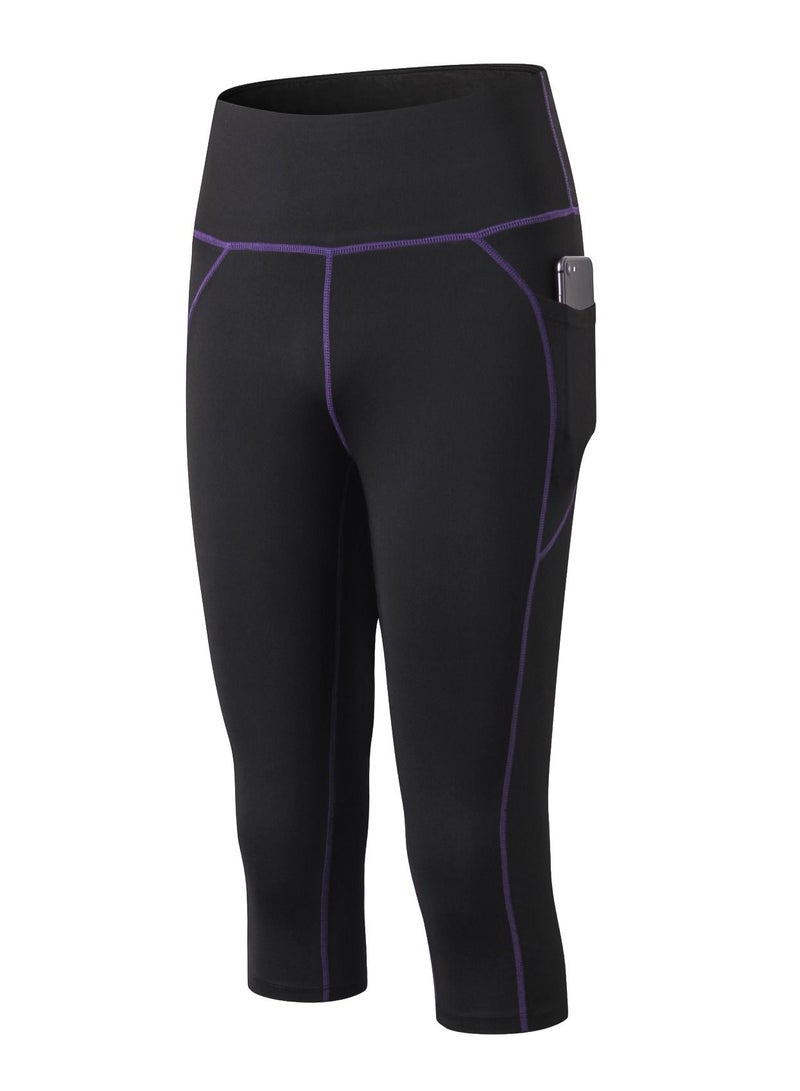 Loquat Women Quick Dry Breathable Elastic Cropped Pants Black/Purple  - Image 1