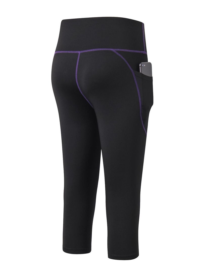 Loquat Women Quick Dry Breathable Elastic Cropped Pants Black/Purple  - Image 2