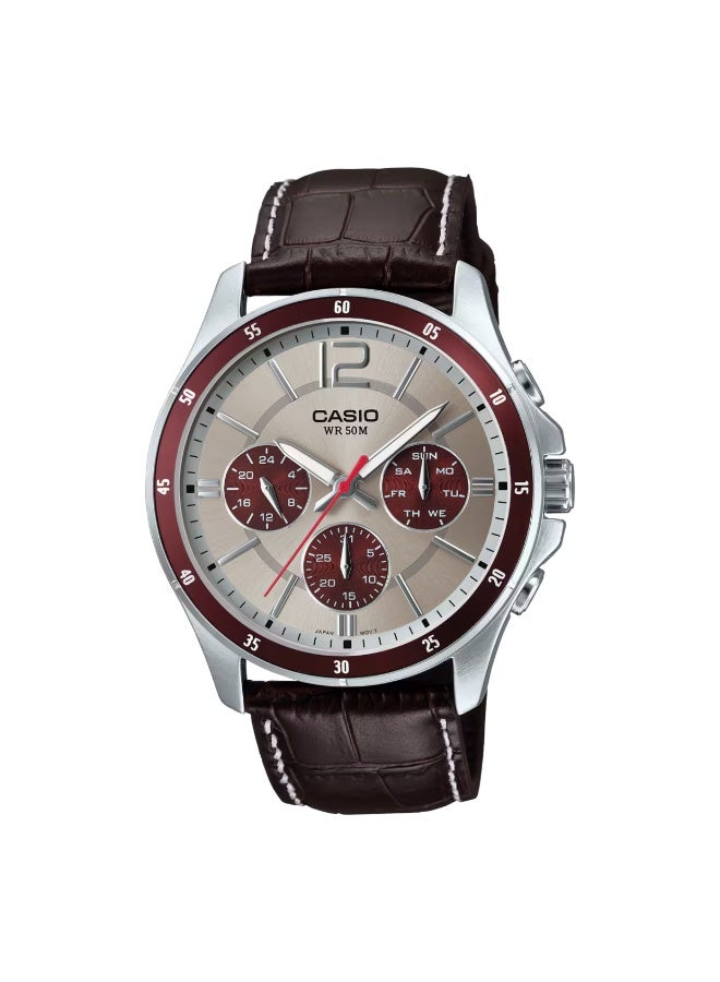 Men's Leather Analog Wrist Watch MTP-1374L-7A1VDF-R - 47 mm - Brown