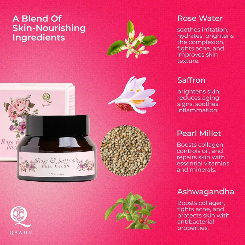 QAADU Saffron  Rose Face Cream  AntiAging Moisturizing Cream for Women  NonGreasy  Lightweight  Glowing Skin  Tan Removal  Natural Ingredients  Face Cream for All Skin Types  50g - Image 3