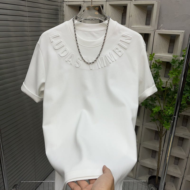 Stretch Ice Silk T-Shirt Men'S Short-Sleeved Fashion Brand Loose Steel Print Base Shirt All-Match Letter Solid Color Top - Image 1