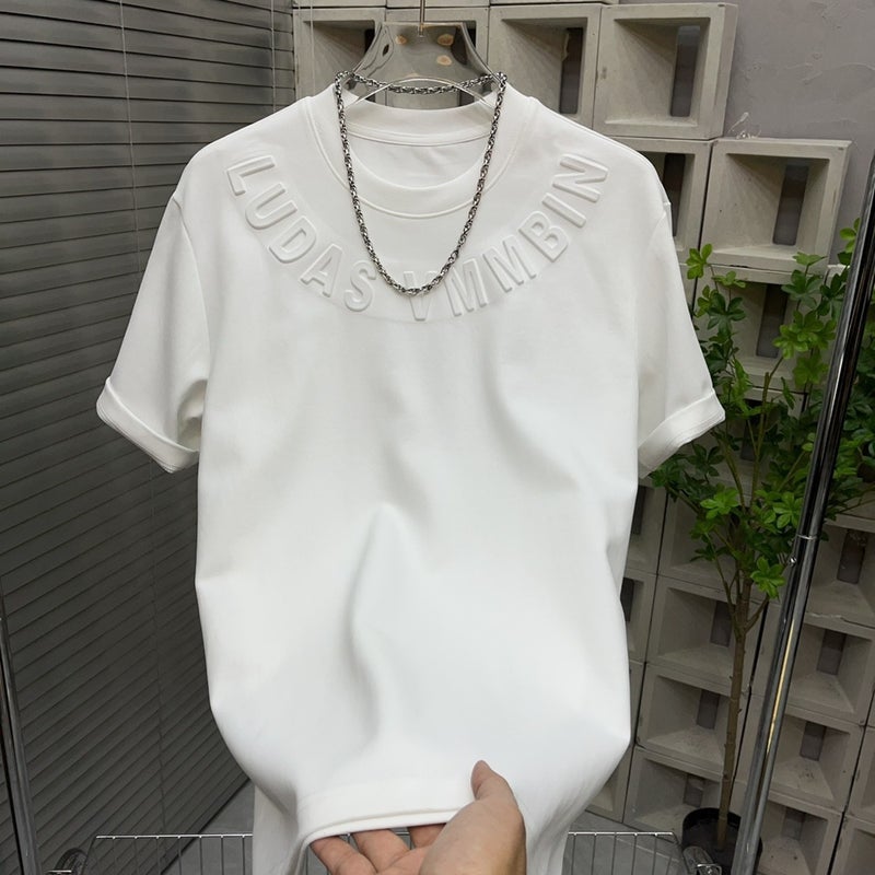 Stretch Ice Silk T-Shirt Men'S Short-Sleeved Fashion Brand Loose Steel Print Base Shirt All-Match Letter Solid Color Top - Image 5
