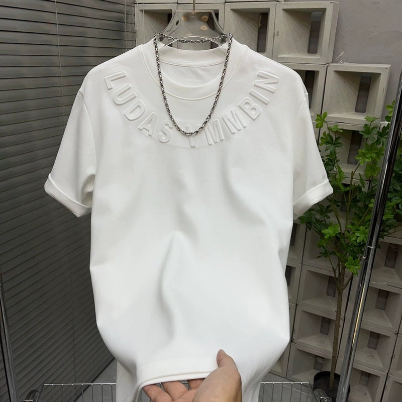 Stretch Ice Silk T-Shirt Men'S Short-Sleeved Fashion Brand Loose Steel Print Base Shirt All-Match Letter Solid Color Top - Image 3