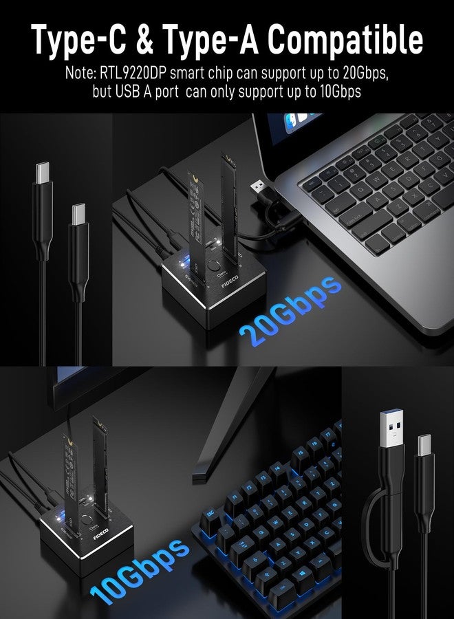 Fideco Dual-Bay M.2 Nvme Sata Ssd Enclosure, 20Gbps Docking Station, Usb 3.2 Gen 2 Clone Station M.2, Supports Offline Clone, Uasp And Trim, Aluminium Design - Image 3