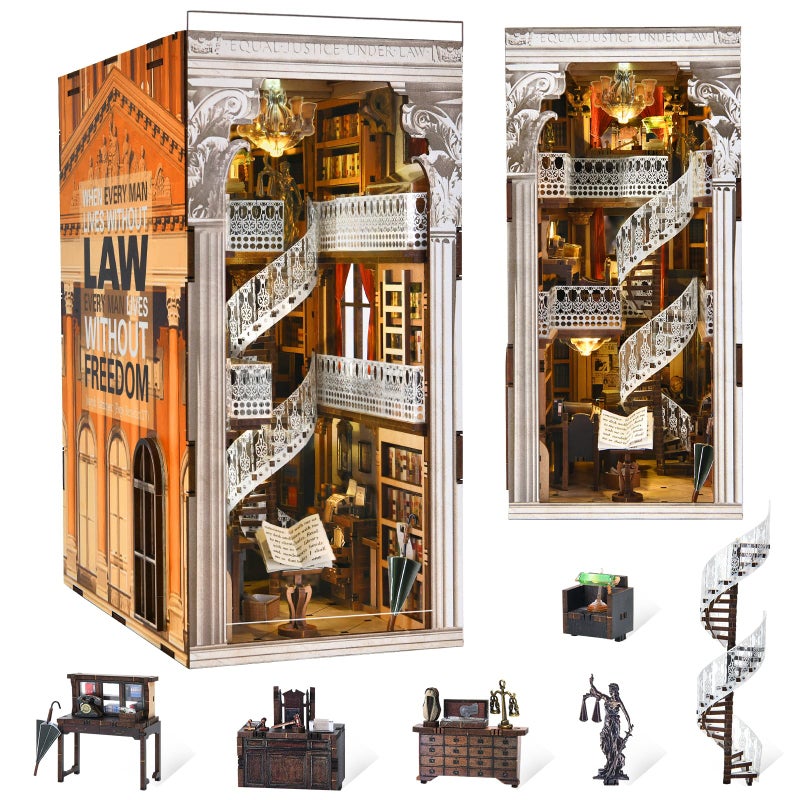MiniCity DIY Book Nook Kit Miniature Dollhouse Booknook Kit 3D Wooden Puzzle Bookend Bookshelf Insert Decor with LED Light for Teens and Adults Law Library - Image 3