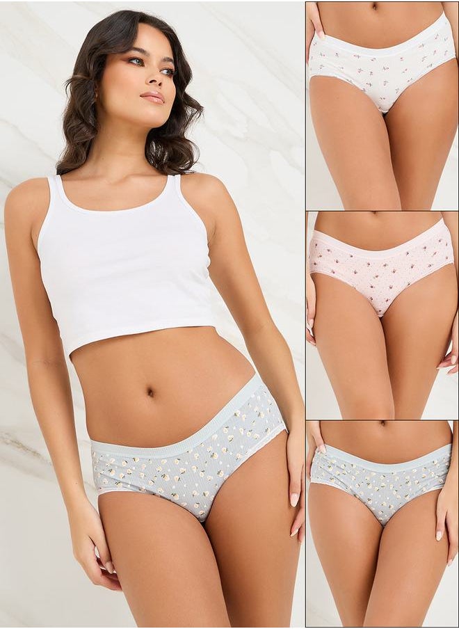 Styli - Pack of 3 - Cotton Rib Ditsy Print Lace Trim Short - Image 1