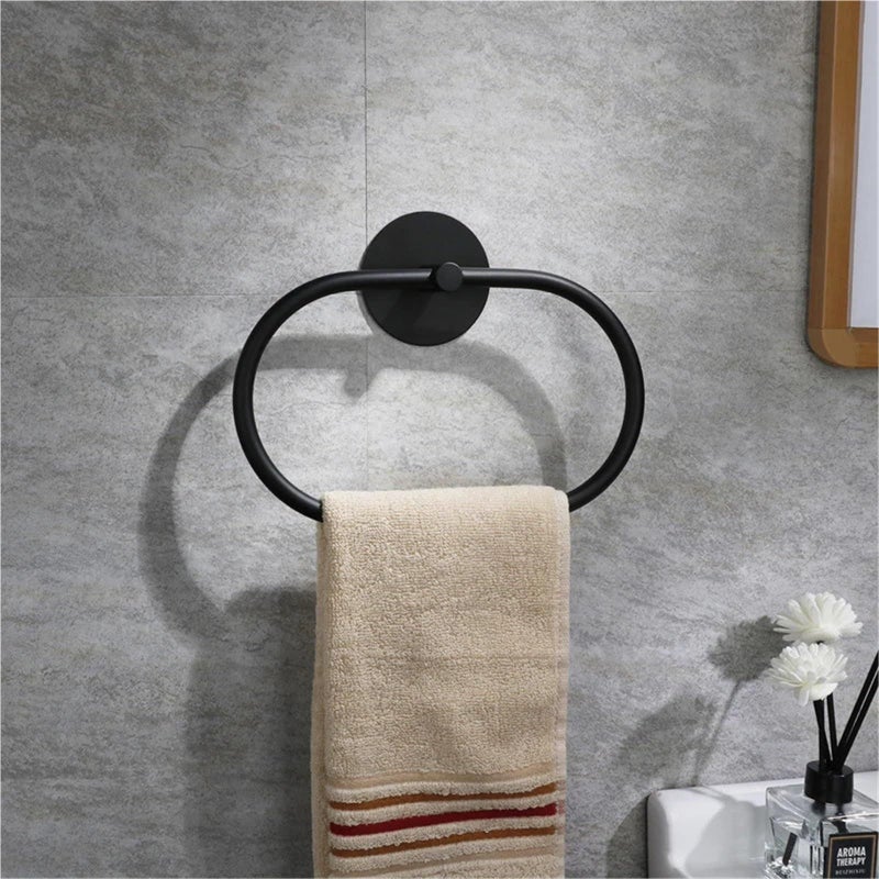 Black Stainless Steel Adhesive Towel Ring Wall Mounted Hand Towel Holder For Bathroom - Image 5
