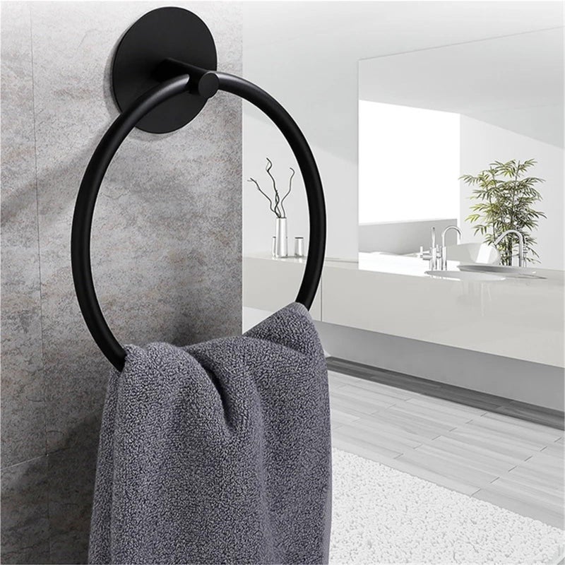 Black Stainless Steel Adhesive Towel Ring Wall Mounted Hand Towel Holder For Bathroom - Image 4