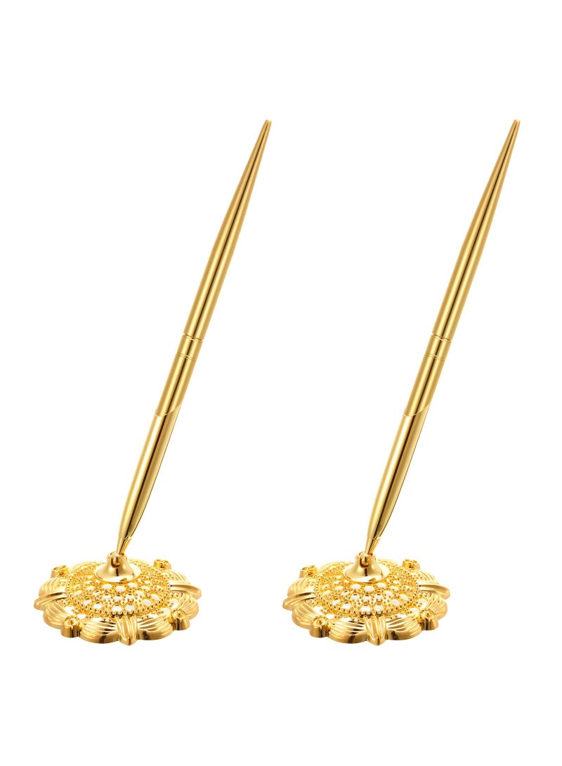 Generic Elegant 2-Piece Hollow Round Pen Holder Set for Wedding Guest Book, Bridal Engagement, Valentine's Day Favors - Gold Style Signing Pen Set  - Image 1