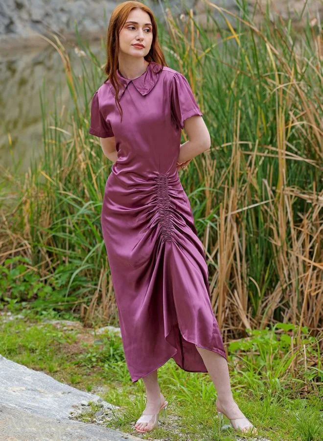 Women Straight Fit Solid Round Neck Short Sleeve Asymmetric Dress
