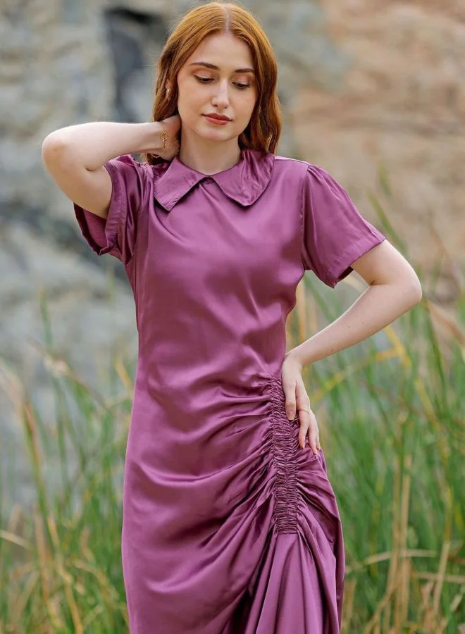 مرفوعة Women Straight Fit Solid Round Neck Short Sleeve Asymmetric Dress