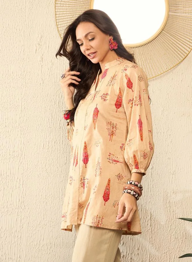 Take Two  Beige Printed Regular Fit Tunic Top with Mandarin Collar By  AHIKA for Women | Best Price UAE