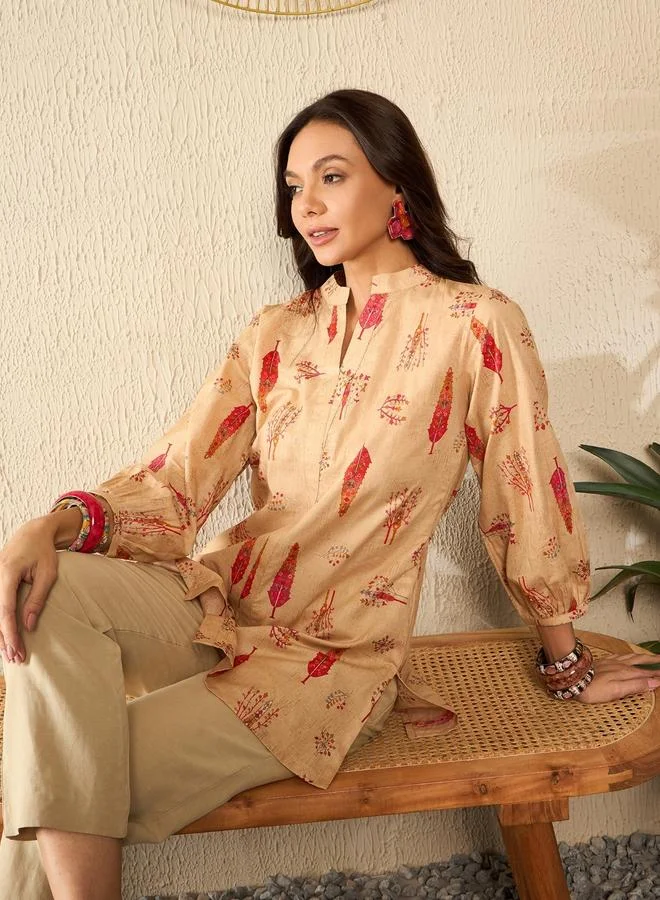 Take Two  Beige Printed Regular Fit Tunic Top with Mandarin Collar By  AHIKA for Women | Best Price UAE
