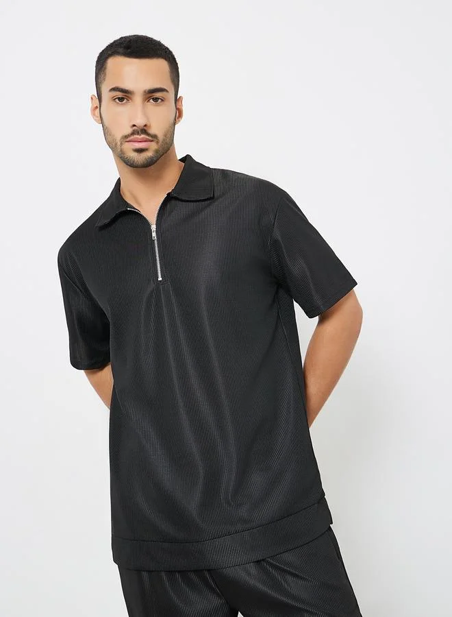 Styli Men Black Oversized Solid Polo and Shorts Co-Ords