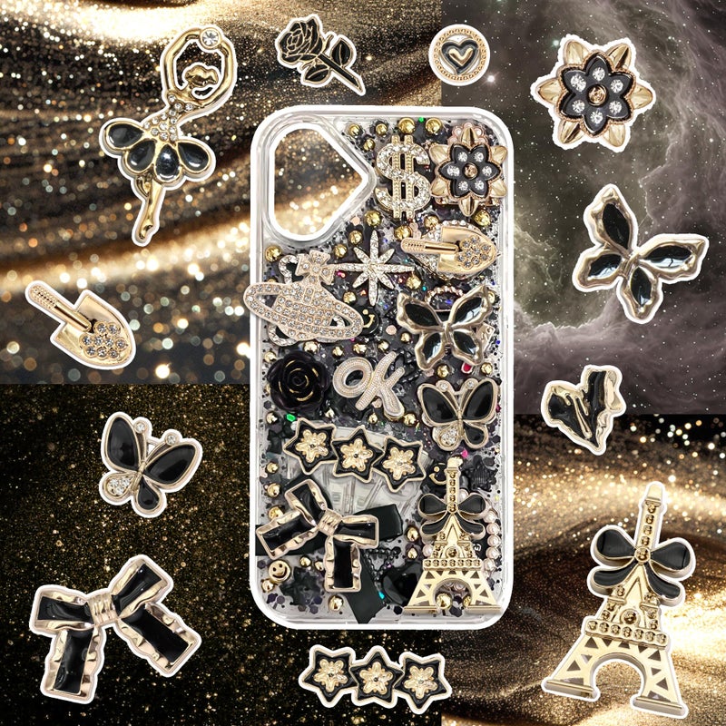 BELICEY Black Junk Case Charms Kit Elegant Gold Butterfly Planet Big Charms for Phone Case 3D Bow Star Junk Case Kit Rhinestone Pearls Bedazzling Kit for Customizing DIY Craft - Image 4